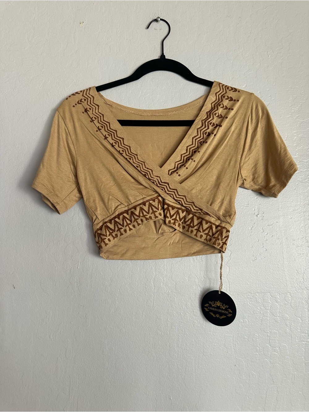 Boho Wrap Crop Top in Tan with Tribal Trim